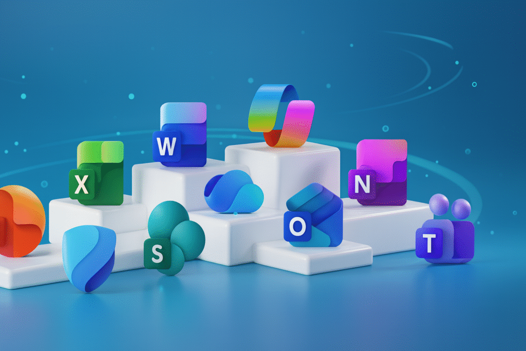 A dynamic visual showing a diverse group of modern Microsoft 365 application icons, including PowerPoint, Excel, Word, SharePoint, OneDrive, Outlook, OneNote, and Teams, arranged on white pedestals against a vibrant blue, digitally-inspired background, suggesting seamless integration and connectivity.