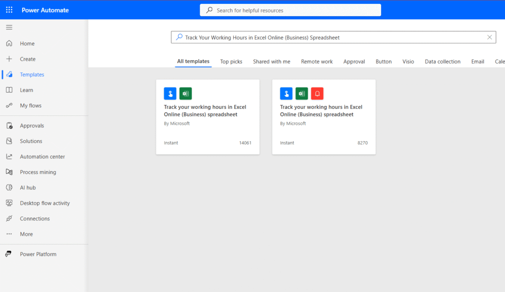 Image showing the Microsoft Power Automate portal on the Templates page. The screen displays two workflow templates titled “Track your working hours in Excel Online (Business) spreadsheet,” including preview cards, usage numbers, and category tabs such as All templates, Top picks, Remote work, and more. The left sidebar includes navigation options like Approvals, Automation center, AI hub, Desktop flow activity, and Connections.