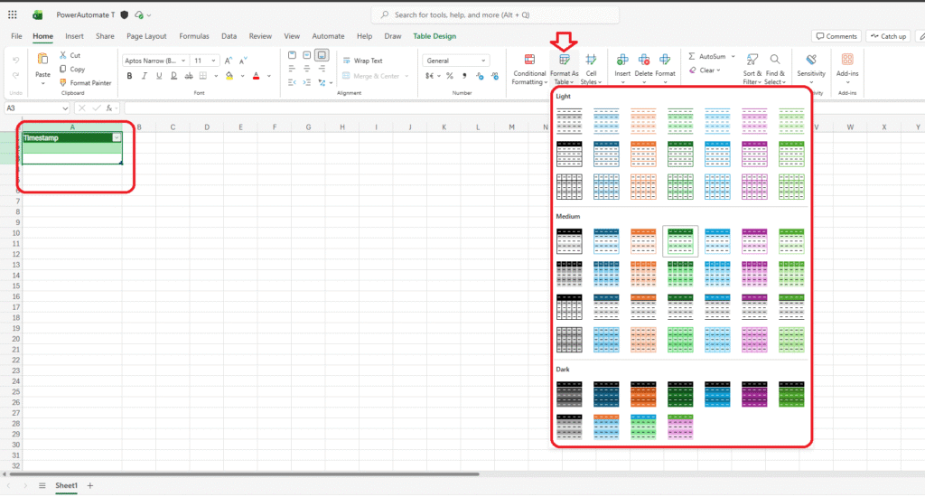 an Excel file prepared for a Power Automate workflow. The sheet is stored on OneDrive or SharePoint, and the first two columns are selected and formatted as a table.